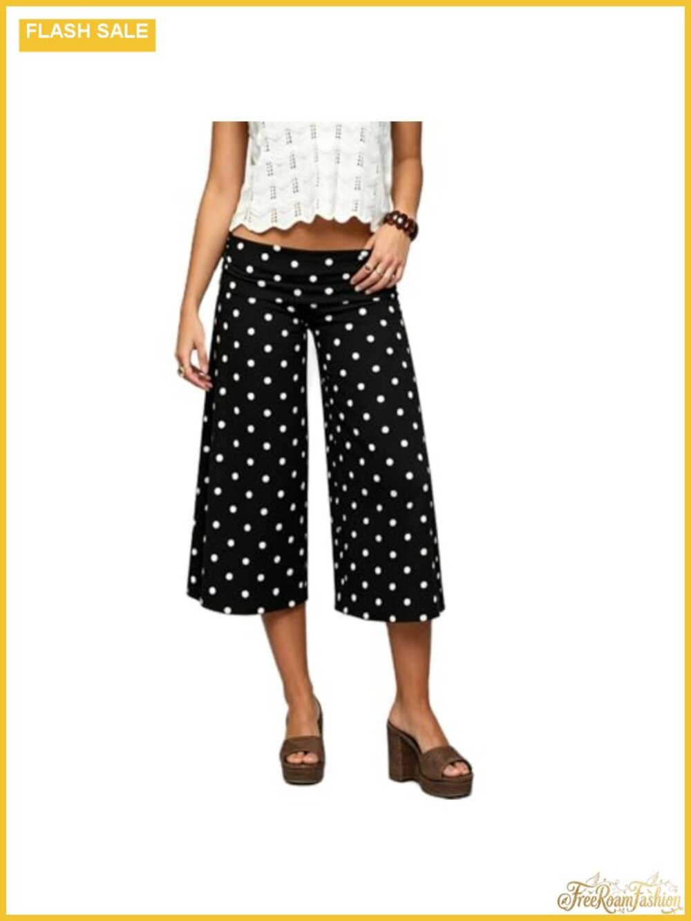 RUEWEY Women Polka Dot Wide Leg Capri Pants Fold Over Low Rise Y2K Stretch